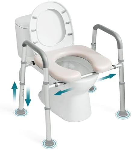 OasisSpace Raised Toilet Seat with handles-400lbs Heavy Duty Commode Chair with Safety Frame, Adjustable Stand Alone Elongated risers with arms for Elderly, Handicap, Disabled