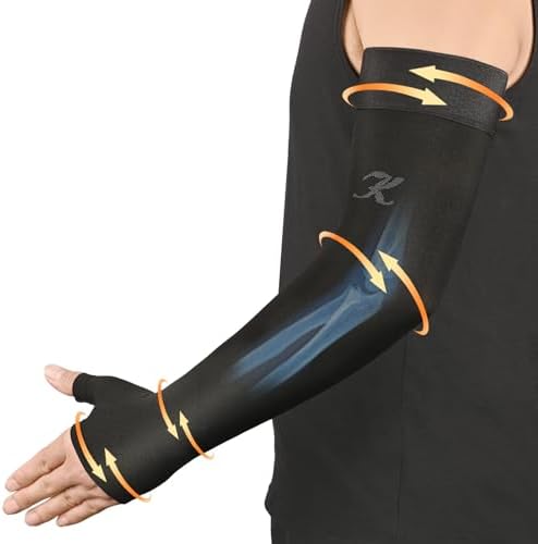 KEKING Lymphedema Compression Arm Sleeve with Gauntlet for Women Men, 20-30 mmHg Medical Graduated Compression Arm Brace, Full Arm Support Brace for Pain Relief, Arthritis, Swelling, Single Black XL