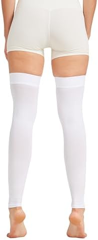 MGANG 15-20 mmHg Compression Stockings for Women & Men, Thigh High Medical Footless Graduated Compression Sleeves with Silicone Dot Band, for Varicose Veins, Edema, Travel, Flight, Pregnant, White M