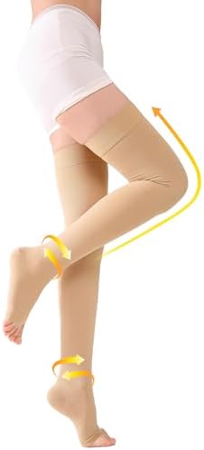 TOFLY® Thigh High Compression Socks for Women & Men (Pair), Open Toe, Opaque, Firm Support 30-40mmHg Graduated Compression Hose, Medical Compression Stockings for Varicose Veins, Edema, DVT, Beige 5XL