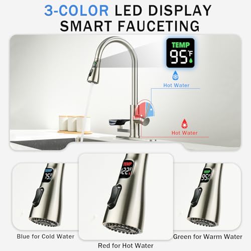 Kitchen Faucet with Glass Rinser, Pull Down Sink Faucet with 3 Spray Modes and High Pressure Glass Rinser, Temperature Display High Arc Stainless Steel Kitchen Faucets (Brushed Nickel)