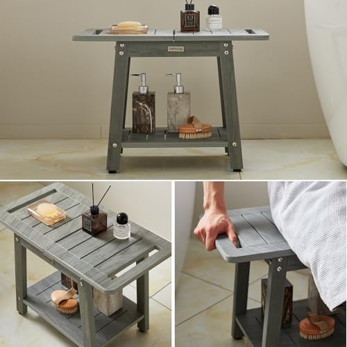 Large Shower Bench, Heavy Duty HDPS Shower Stool for Inside Shower, 2 Tier Shower Chair Seat with Shelf for Bath, Waterproof Shower Foot Rest for Shaving Legs with Adjustable Feet, Gray