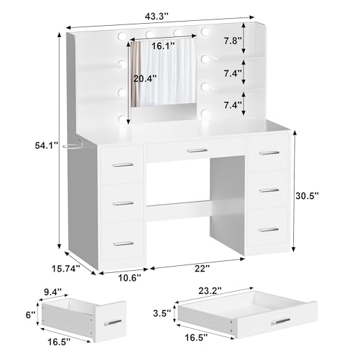 Acurax Makeup Vanity Desk with Mirror and 10 Lights, Table with 7 Drawers and 4 Open Shelves, 3 Color Modes and Adjustable Brightness, Charging Station for Bedroom, Bright White