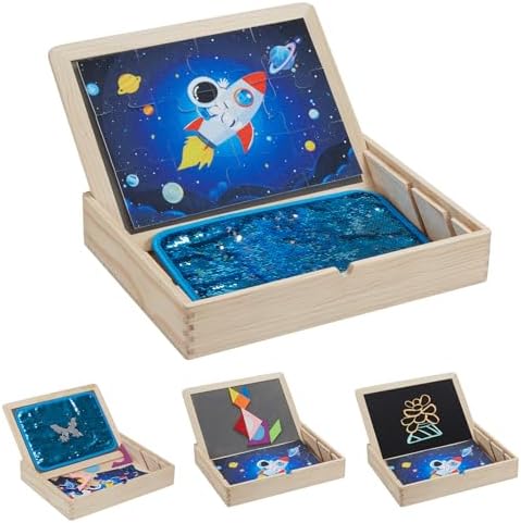 Wooden Sensory Sequin Box |Calm Down Corner Kit with Sensory Sequin Flip Mats,Space-Themed Felt Puzzle & Felt Tangram | Calming Corner Items for Kids -Sensory Room Must Haves
