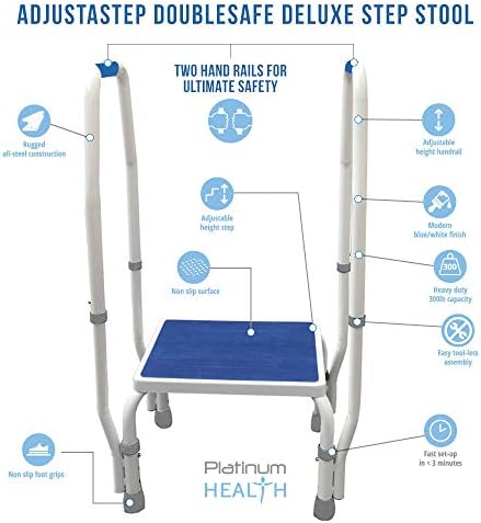 Platinum Health AdjustaStep(tm) DoubleSafe Deluxe Step Stool/Footstool with Dual Handle/Handrail, Height Adjustable. Modern White/Blue Design. Padded Non-Slip Hand Grips