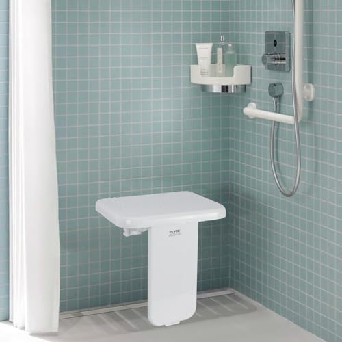 VEVOR Folding ABS Shower Seat, 15.7'' x 16.7'' Unfolded, Wall Mounted Fold Up Shower Bench with 440 lbs Load Capacity, Space Saving Fold Down Shower Chair for Seniors Pregnant Women Children Adults