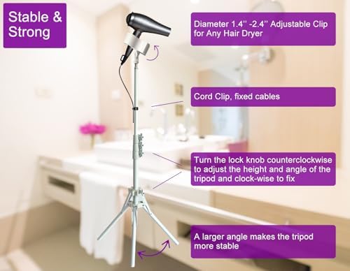 Purple River Hair Dryer Stand White 20-63 Inch Adjustable Blow Dryer Holder with Tripod and Universal Clip, Easy to Use, Hands Free Relieve Wrist Pain, Shoulder Periarthritis etc