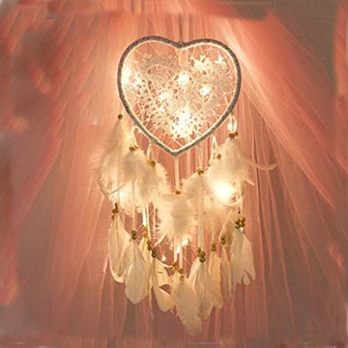 Skreened Christmas Lights,Fashion Handmade LED Light Dream Catcher with Feather Love Heart Dream Catcher Night Light Home Bedside Wall Hanging Home Party Wedding Decoration Gift (White)