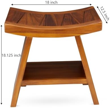 TeakCraft Teak Shower Stool with Shelf – Water Resistant, Non-Slip Premium Indonesian Teak Wood Bath Seat Bench for Shower – Fully Assembled Wood Spa Bath Organizer Seat with Leveling Feet, The Randi