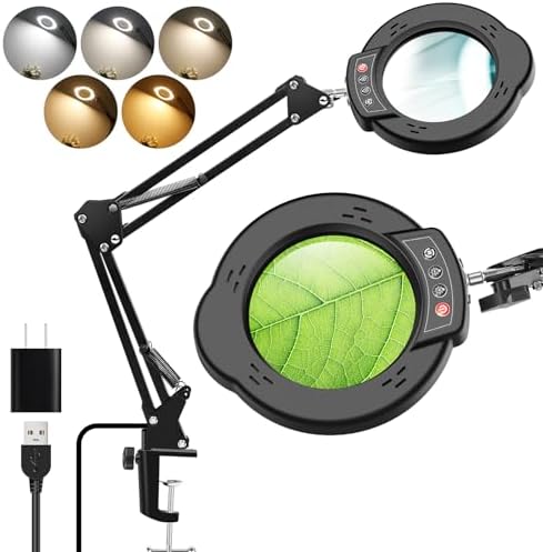 10X Magnifying Glass with Light and Clampï¼Real Glass Lens 5 Color Modes Dimmable LED Lighted Magnifier with Swing Arm Hands Free Magnifying Desk Lamp for Crafts Sewing Painting Reading Close Work