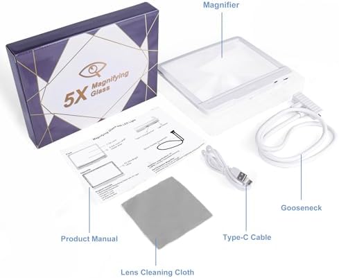 5X Hands Free Magnifying Glass with Light and Stand 43 Ultra-Bright LEDs, Page Magnifier for Reading, Neck Wear Large Magnifying Glass for Reading Small Prints Low Vision Elderly(White)