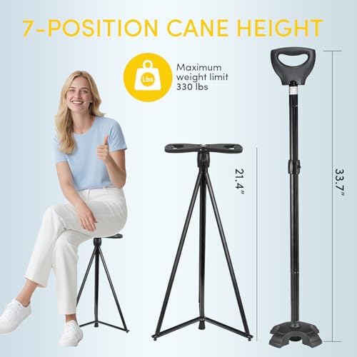 Folding Walking Cane with Seat, 2-in-1 Lightweight Aluminum Cane Stool for Seniors & Adults, Portable with Carry Bag, Anti-Slip for Travel & Hiking
