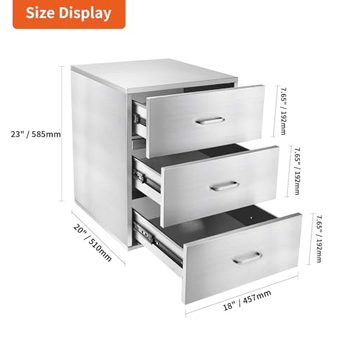 JIEJIN Outdoor Kitchen Drawers Stainless Steel Triple BBQ Island Drawer Flush Mount Outdoor Kitchen Cabinets with Handles with Wheels for Outdoor Kitchens or BBQ Island Patio Grill Station, Silver