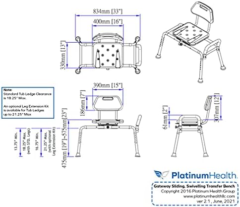 Platinum Health Gateway Premium Sliding Bath Transfer Bench with Swivel Seat-Padded (Blue)