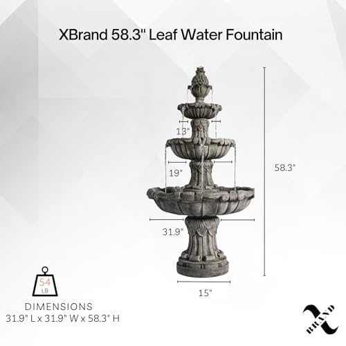 XBrand 58.3" Leaf Classic Bird Bath Water Fountain, 3-Tier, Outdoor Garden, with Pump, White Resin, Yard, Lawn, Porch Décor