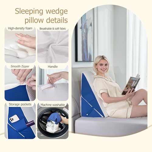 Wedge Pillow for Sleeping, 7-in-1 Adjustable Bed Wedge Pillow for Back/Leg Support, 10" & 12" Triangle Pillow Wedge Elevated Pillows for Sleeping with Handle and Washable Cover, Blue & White