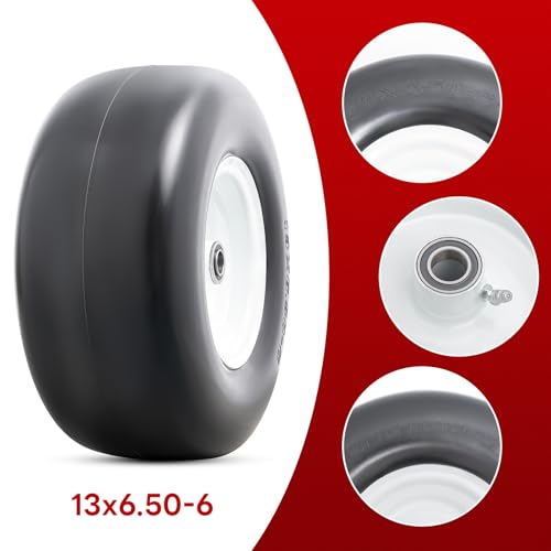 13” Solid Tires, Flat Free 13x6.50-6” Wheels with 3/4” Axle Bore Hole and Double Sealed Bearings Compatible with Hand Truck Wheelbarrow Tire Lawn Mower Tires (White, 2PCS) P-100