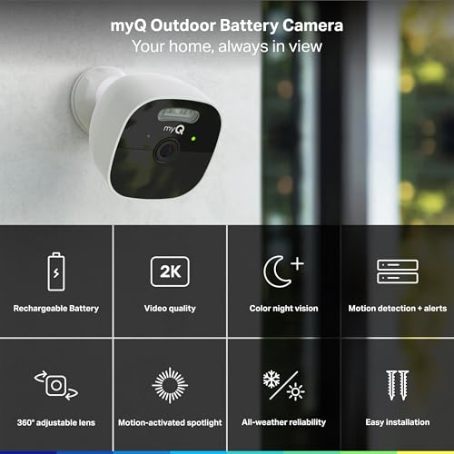 myQ Outdoor Battery Camera | 2K Camera, Color Night Vision, Spotlight, Motion Alerts, Live View with Two-Way Talk, Wireless, Weather-Resistant, Outdoor, White, 4 Pack