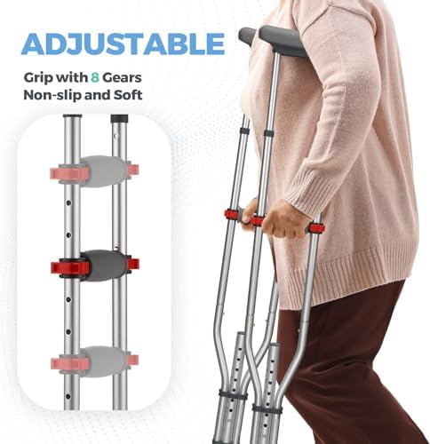 Geiserailie 1 Pair Aluminum Underarm Crutches Lightweight Crutches with Height Adjustment up to 300 Lbs Walking Aid for Adults Elder Range 4'6”– 6'6” with Underarm Pad and Hand Grip