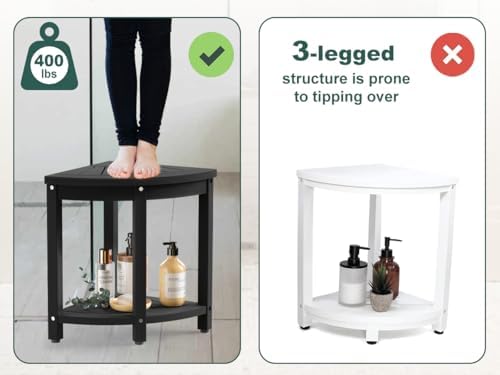 Corner Shower Stool for Inside Shower Waterproof, HIPS Poly Lumber Shower Bench Seat Chair, Bath Shower Stool for Shaving Legs Foot Rest with Adjustable & Non-Slip Feet, Load 400 lbs, Black