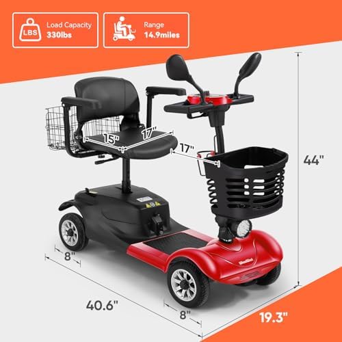 4 Wheel Compact Mobility Scooter for Seniors and Adults,Foldable Electric Scooter, Heavy Duty Travel Model with Lights, Basket, and Long-Lasting Battery (Red)