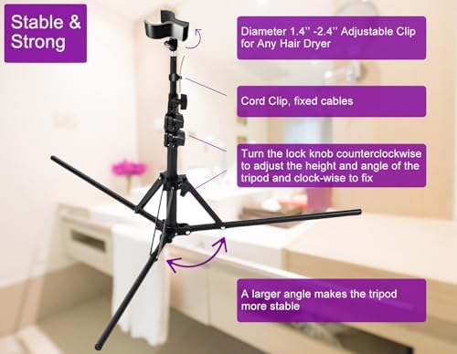 Hair Dryer Stand Black 20-63 Inch Adjustable Blow Dryer Holder with Tripod and Universal Clip, Easy to Use, Hands Free Relieve Wrist Pain, Shoulder Periarthritis etc