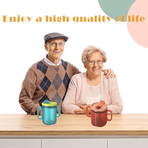 Spill Proof Sippy Cups for Seniors & Adults -10.2oz(300ml) with 2 Handles & Straw Lid, Elderly Drinking Cups for Patients, Disabled, Pregnant Women, Dishwasher Safe (Blue) (2, Blue+Orange)