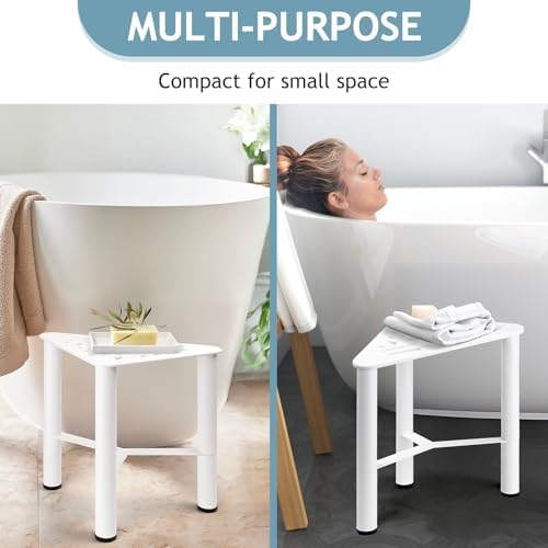 Metal Shower Foot Rest, Small Corner Shower Stool for Shaving Legs, Bathroom Bench for Inside Shower- Small Step Stools to Sit on, Bath Seat Shower with Storage Shelf for Bathroom Spa(White)
