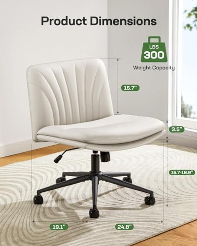 Marsail Armless-Office Desk Chair with Wheels: PU Leather Cross Legged Wide Chair,Comfortable Adjustable Swivel Task Chairs for Home,Office,Make Up,Small Space,Bed Room(Light Beige)