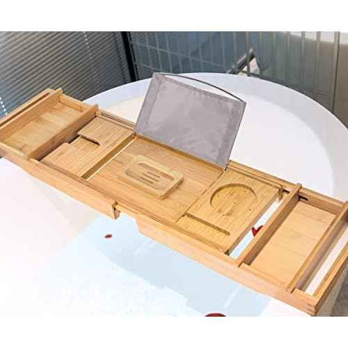 Bamboo Bathtub Caddy Tray Expandable for Luxury Bath, Bath Accessories & Table with Wine Glass Holder, Book Stand Bathroom Organizer with Extending Sides for Men/Women,Natural