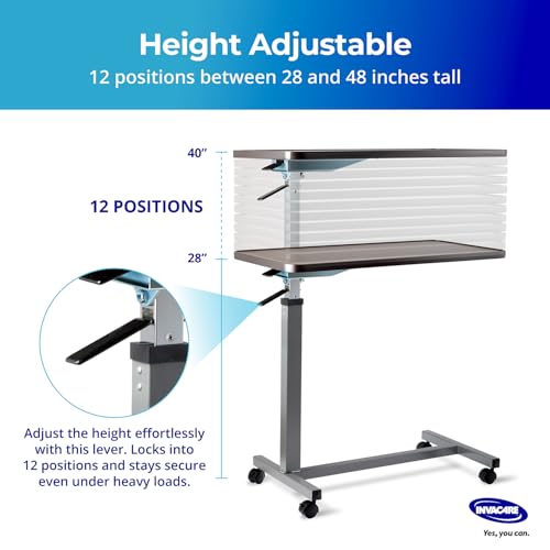 Invacare Bed Table, Height Adjustable & Tilting Overbed Table, Hospital Bedside Table, Medical Rolling Desk with Wheels, Waterproof Medical and Home Use L-Shaped Steel Base Over Bed Tray Table