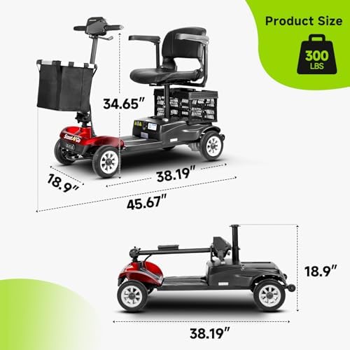 Mobility Scooters for Seniors& Adults Foldable Powered Wheelchair Device with Dual Detachable Baskets 4 Wheel Mobility Scooter with Long Travel Range (Red-Black)