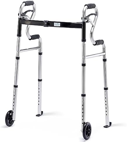 Walkers for Seniors with 5â Front Wheels by Health Line Massage Products, Width Adjustable Compact Standard Walker Support Up to 350lbs, Quick Folding 2 Wheels Walker for Seniors, Adults Sliver