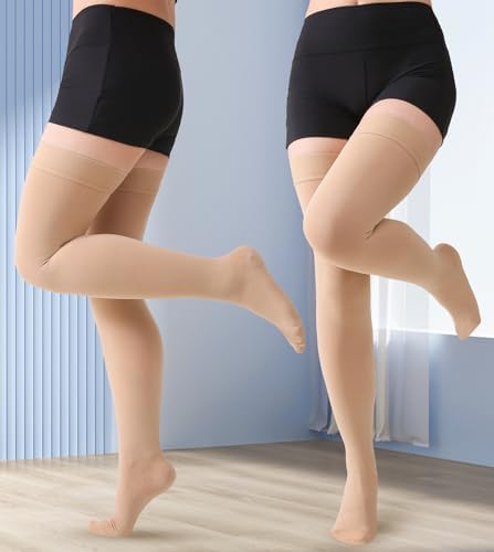 MGANG Medical 20-30 mmHg Compression Stockings for Women & Men, Pair, Thigh High Graduated Compression Socks, Closed Toe, Opaque, Support for Varicose Veins, Edema, DVT, Swelling, Flight, Beige L