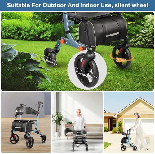 Lightweight Rollator Walker All-Terrain Foldable with seat and Adjustable Height backrest, 300 lbs Capacity, 10" Front & 8" Rear Wheels for Seniors, Adults, bariatric, Includes Cane Holders