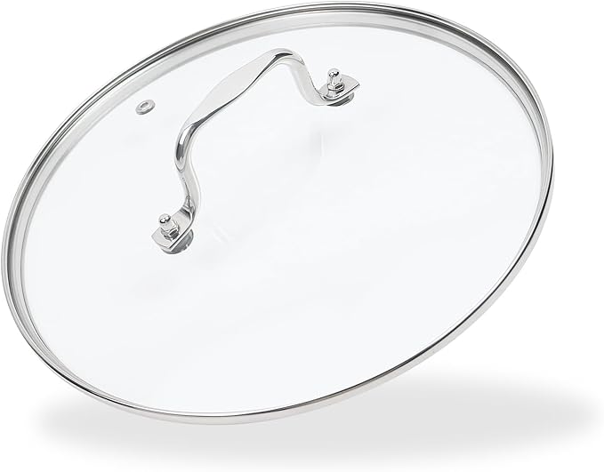10.5 Inch Clear Glass Pot Lid for Frying Pan Replacement Cover Can Withstand 428°F (220â) with Stainless Steel Arch Bridge Handle,Polished Silver