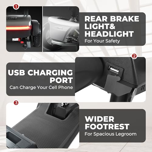Metro Mobility 4 Wheel Powered Mobility Scooters, 330 lbs Capacity Mobility Scooters for Adults, Folding Mobility Scooter Lightweight, Electric Scooters for Seniors 10 Miles Range LED Light Black