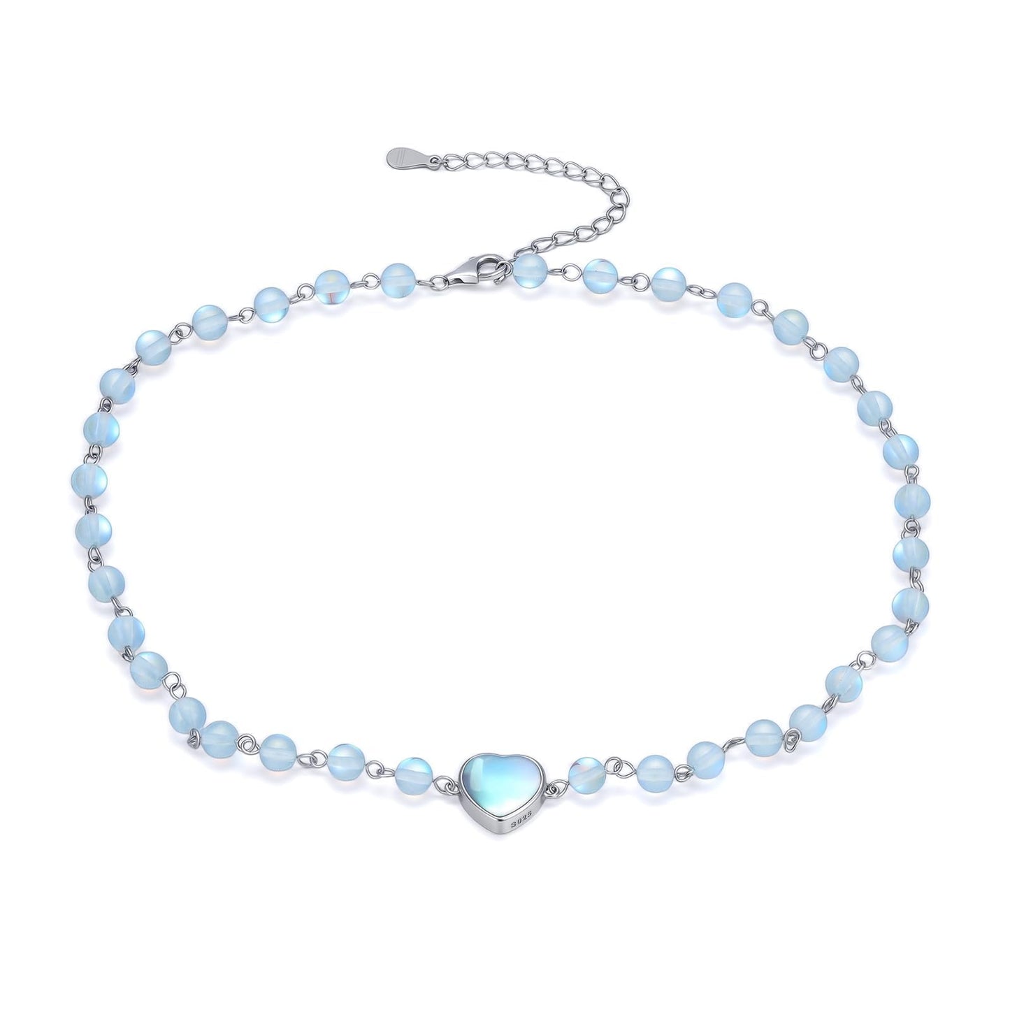 OUTANG Moonstone Beaded Necklace for Women 925 Sterling Silver Heart Choker Necklace Ladies Jewelry Gifts