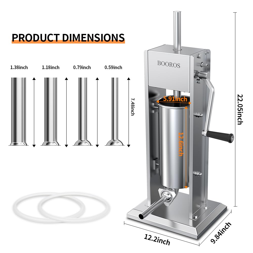 BOOROS Manual Sausage Stuffer 5L/11Lbs Vertical Meat Stuffer 304 Stainless Steel Sausage Maker,Dual Speed, Hand Crank Operation,Easy-clean,Comes Equipped with 4 Stuffing Tubes for Kitchen Restaurant