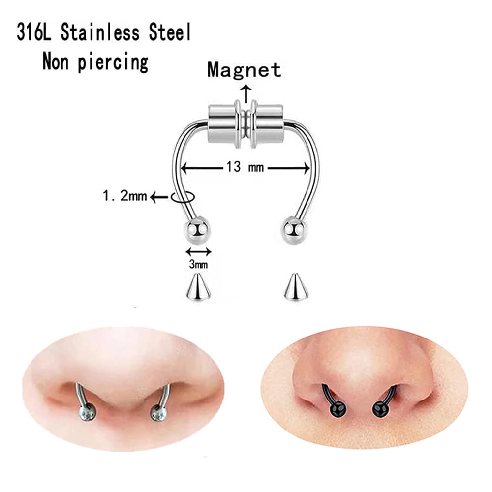 VitaCool Magnetic Septum Nose Ring Horseshoe Stainless Steel Faux Fake Septum Fake Nose Rings Non Piercing Clip On Nose Hoop Ring Nose Jewelry for Women Men (T5-Piece set)