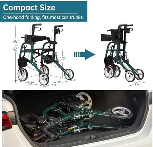 ELENKER 2 in 1 Rollator Walker & Transport Chair for Seniors, Folding Rolling Walker Wheelchair Combo with Wide Seat and Shock Absorber, Green