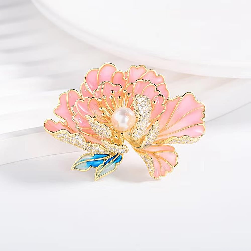 Dainty Flower Brooch Pins for Women Graceful Cubic Zircon Peony Pearl Enamel Badges Lapel Pins Trendy Banquet Prom Dress Jewelry Accessories Gift (Pink)