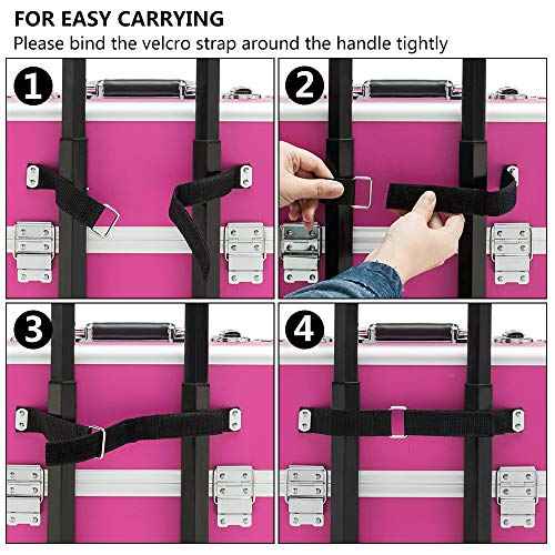 mefeir 3 in 1 Rolling Makeup Train Case, Aluminum Makeup Travel Organizer Cosmetic Case, Cosmetology Display Suitcase on Wheels, Beauty Storage Luggage Lockable w/4 Removable Wheels (Rose-Pink)