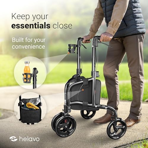 Helavo 3 Wheel Rollator Walker for Seniors, 3 x More Stable, 8" Wheels - Ultra Lightweight Foldable Narrow Walker for Small Spaces, Aluminum Three Wheel Mobility Aid for Indoors and Outdoors