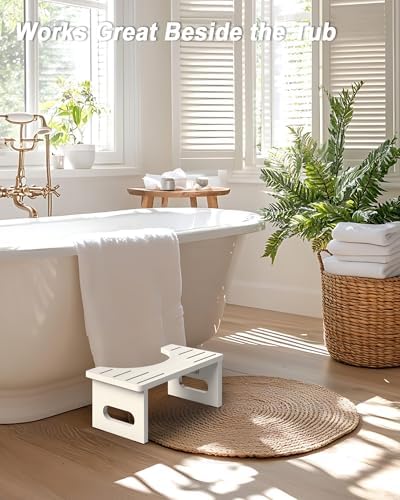 Foldable Toilet Stool, 7 Inches Bamboo Toilet Stool Squat for Adults, Collapsible Poop Stool for Bathroom, Potty Step Stool with Non-Slip Strip (White)