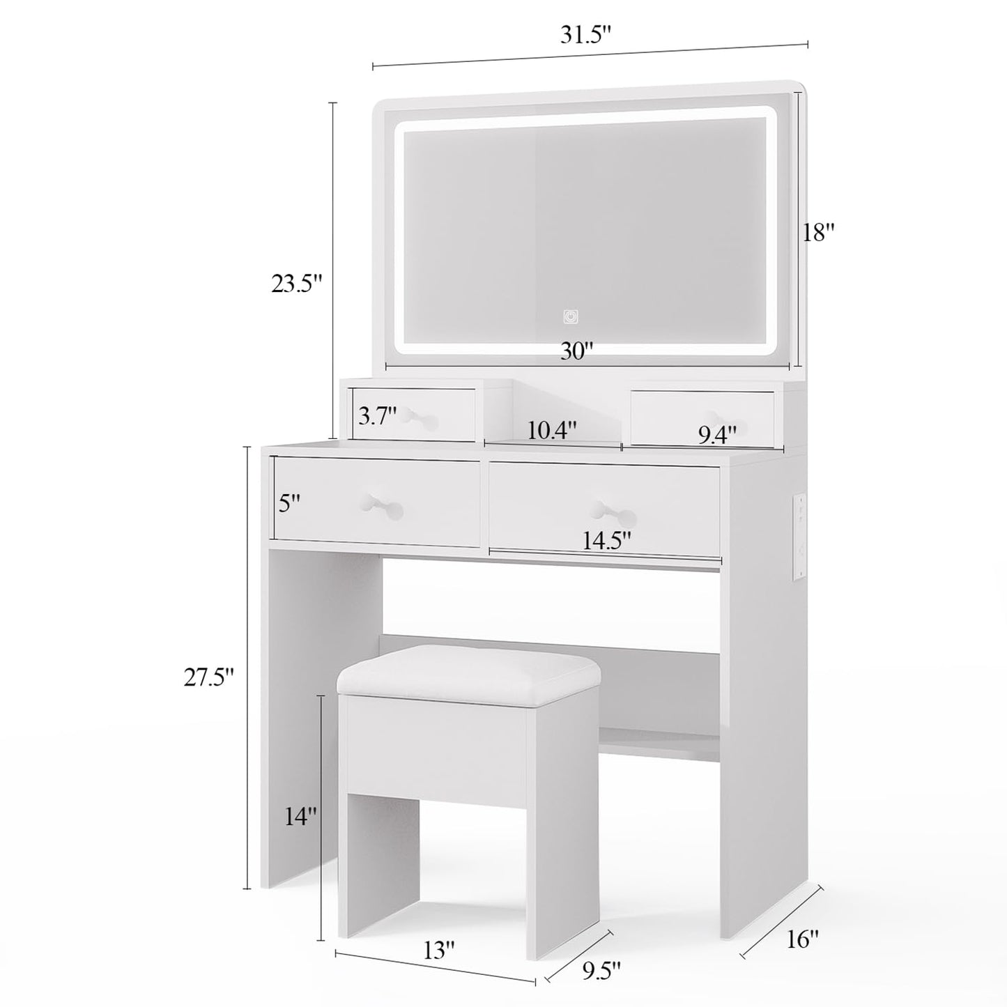 Haewon White Vanity Desk with Mirror and Power Outlet, Makeup Vanity with Adjustable Brightness and 3 Lighting Modes, Dressing Table Set with 4 Drawers, Storage Chair for Bedroom