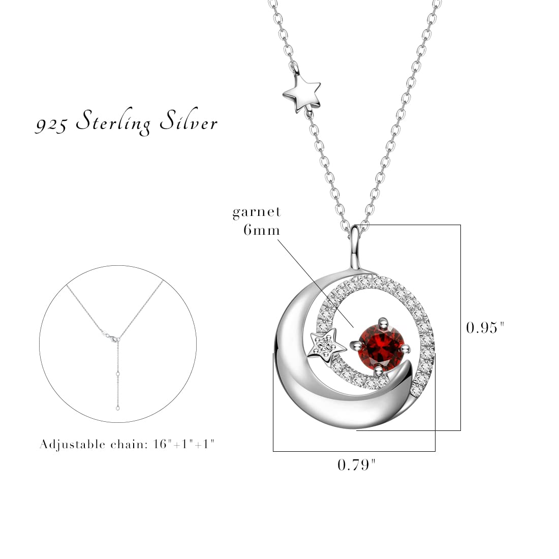 FANCIME Garnet January Birthstone Necklace for Women 925 Sterling Silver Moon Star Pendant Necklaces Red Gemstone Fine Jewelry Birthday Mothers Day Gifts for Women Mom Daughter