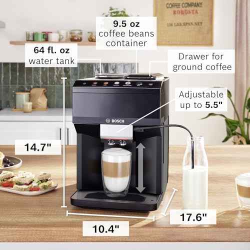 Bosch Fully Automatic Coffee and Espresso Machine - 9 Drinks, Barista Quality, Double Cup Super Coffee Maker - Programmable Machine, Large Bean Capacity - Easy Clean, Maintenance - Black - TPU40109
