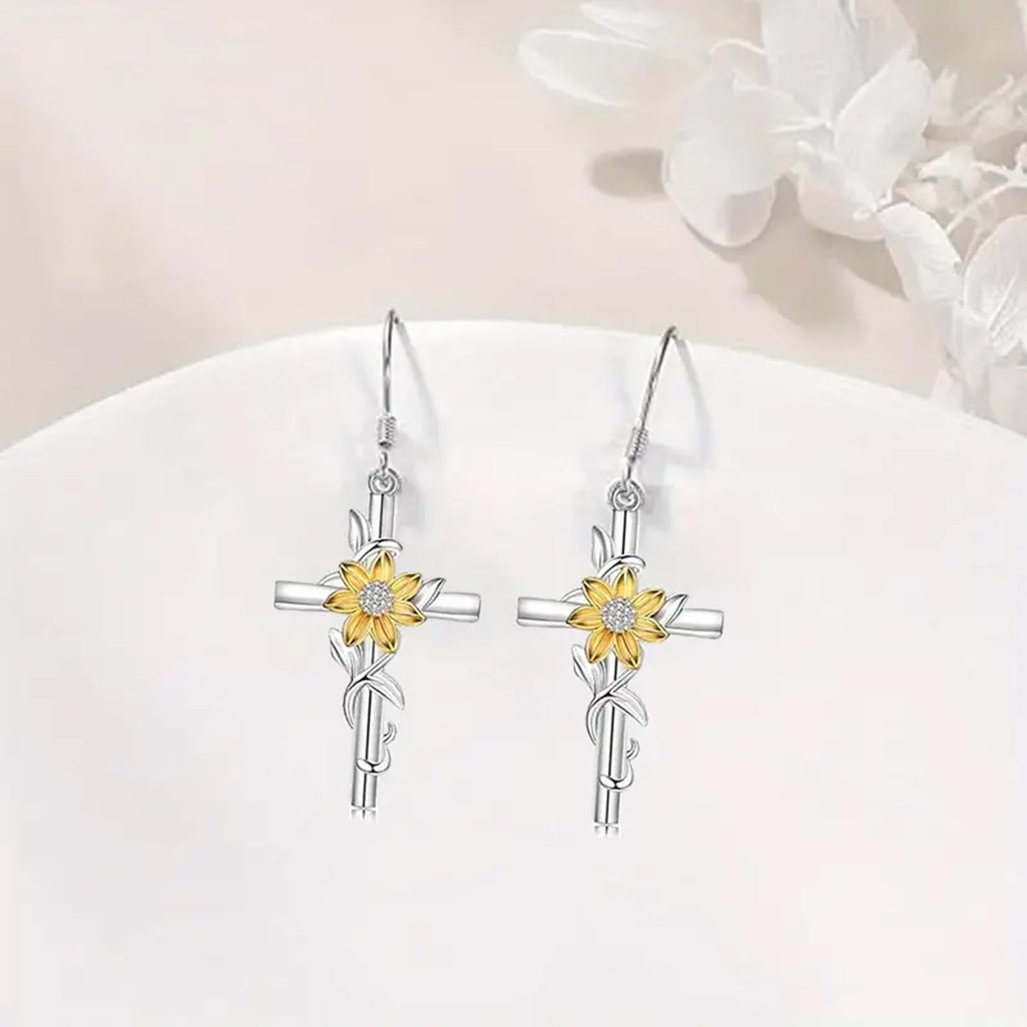 Sunflower Earrings,Cross Dangle Earrings with Crystal Accents Mother's Day Birthday Valentine Flower Jewelry Gifts for Women