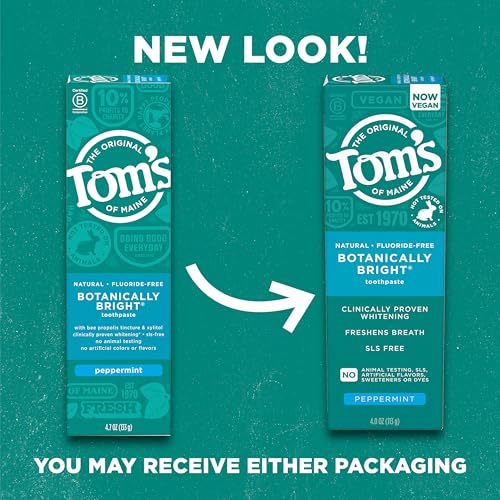 Tomâs of Maine Botanically Bright Natural Whitening Toothpaste, Fluoride Free and SLS Free, Vegan, Peppermint, 3 Pack, 4.0 Oz